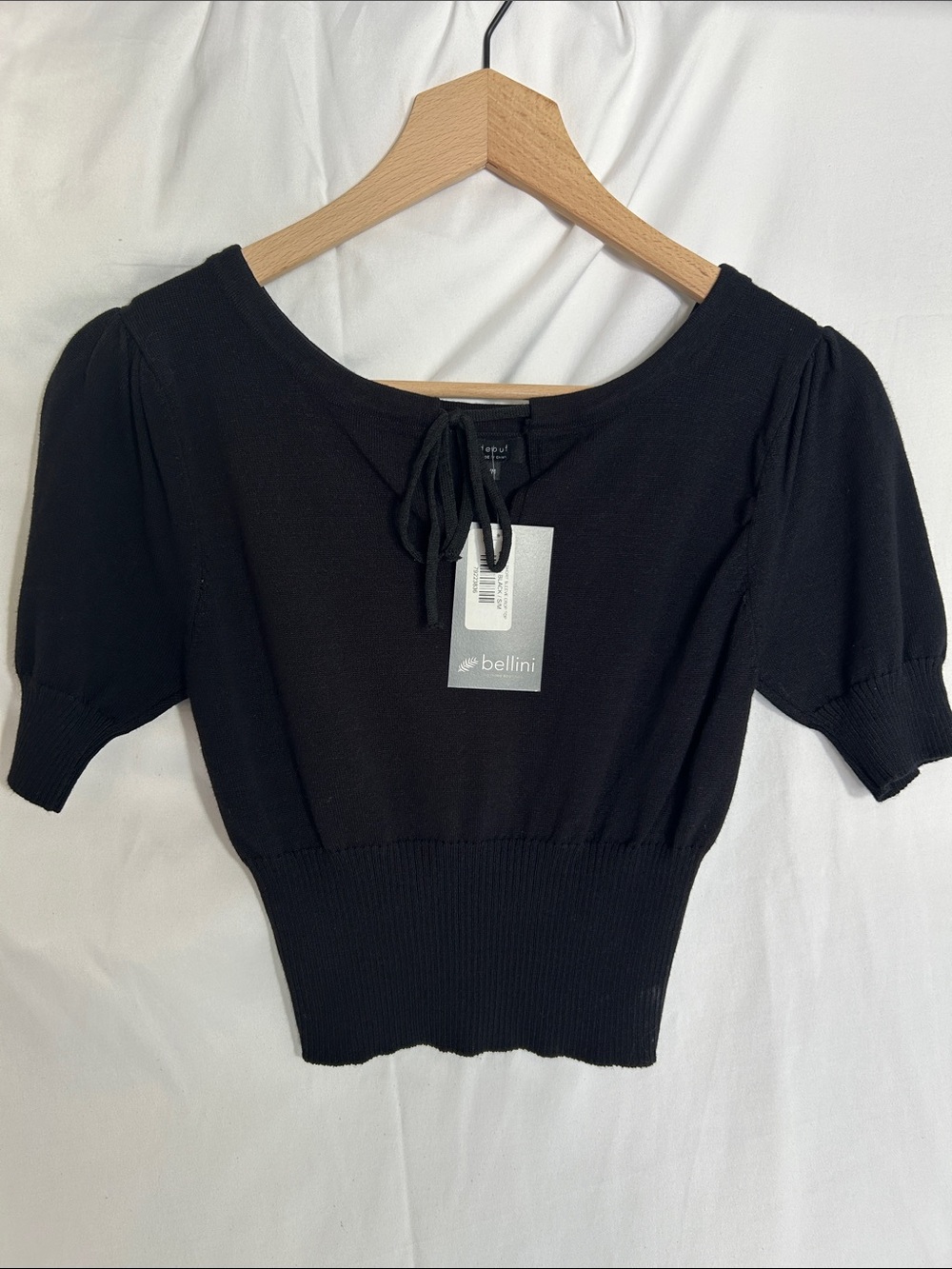 Bellini Black Tie-Neck Short Sleeve Crop Top